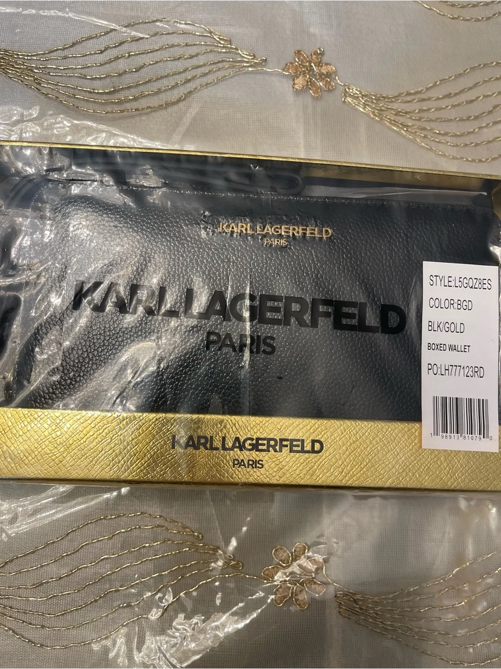 Karl Lagerfeld Black Pebbled Leather Zip Wristlet with Gold Logo
